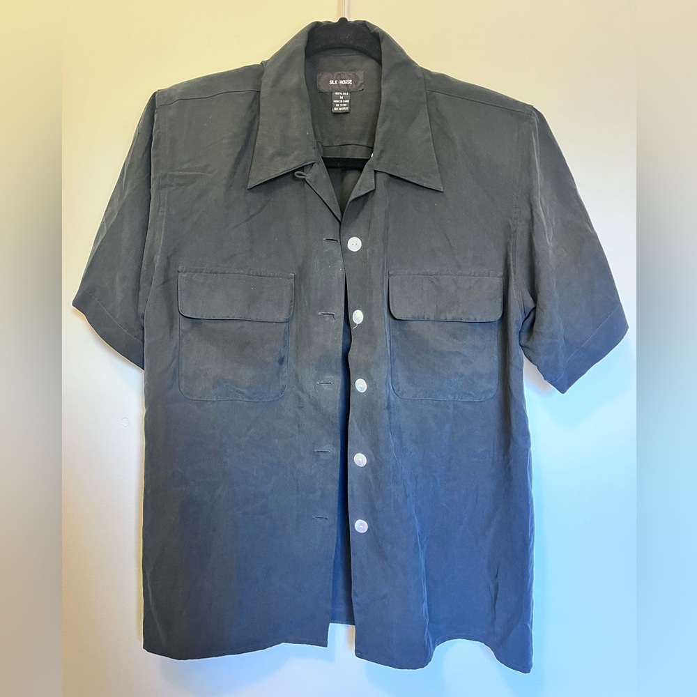 Black Button Down Silk Shirt with Shoulder Pads